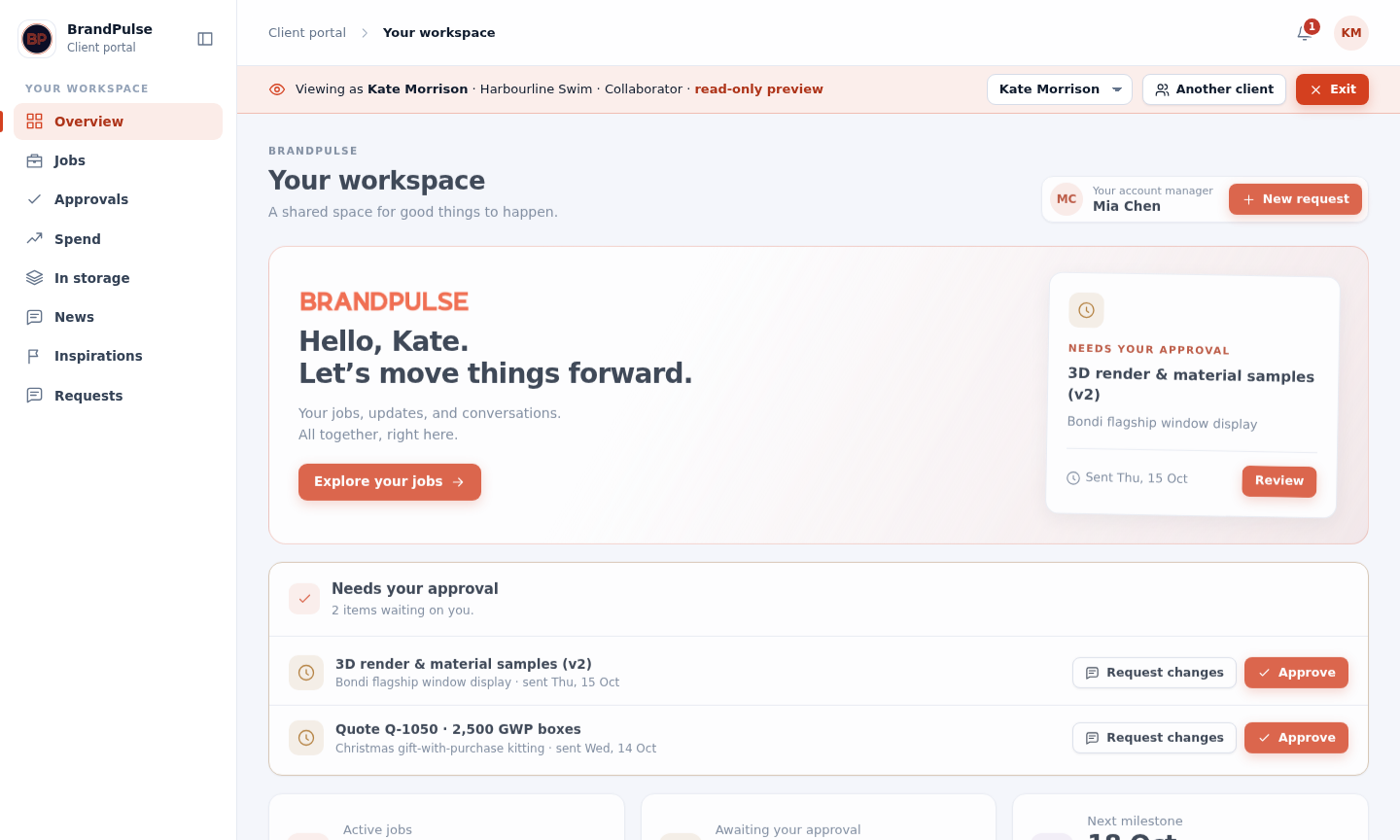 Branded client portal preview with projects, approvals and client updates. Figures are sample data.